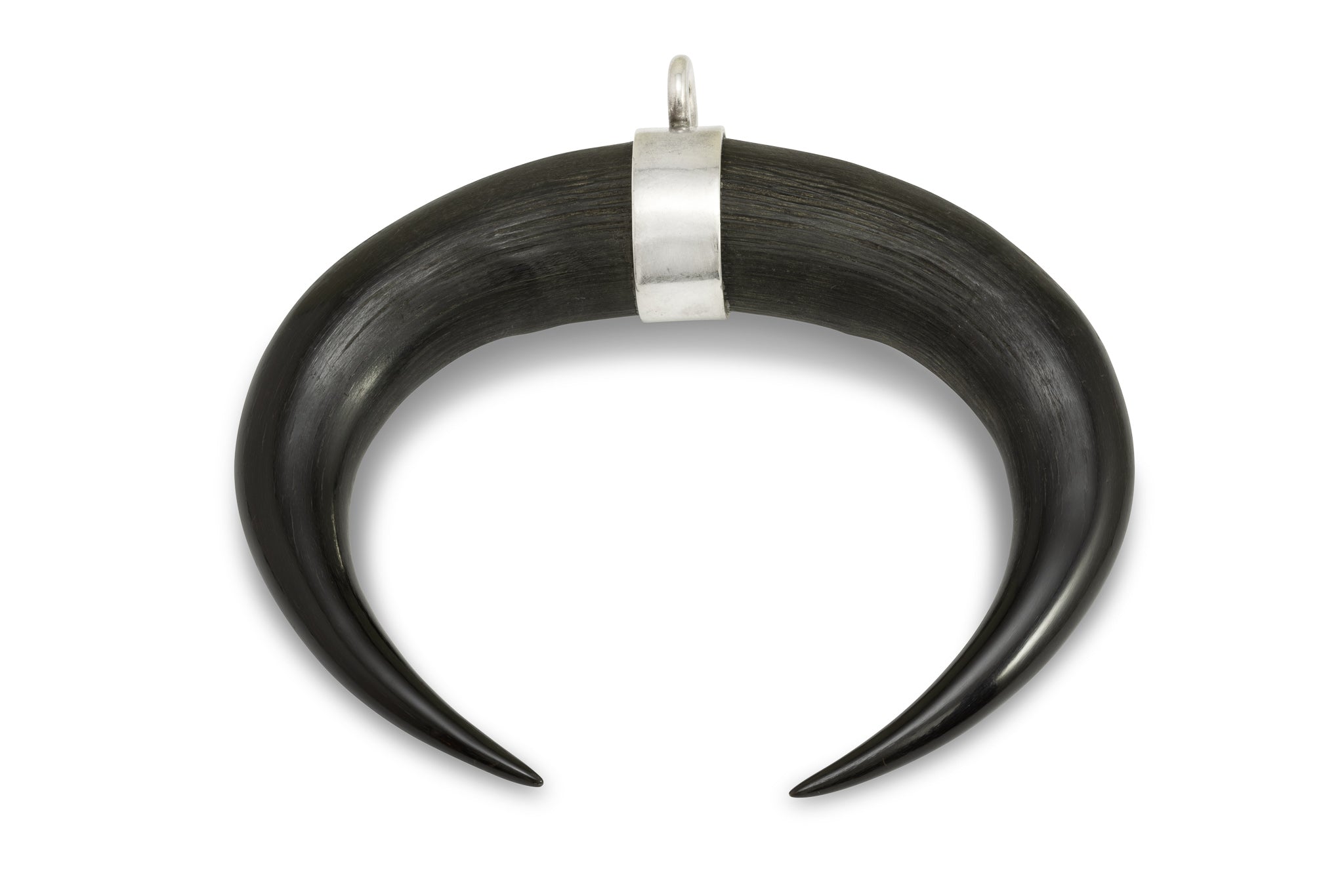 Die zwei polierten Spitzen von Gemshörnern, die durch ein Silberband zusammengehalten werden. Die Hörner formen ein Oval. Aufnahme von oben.