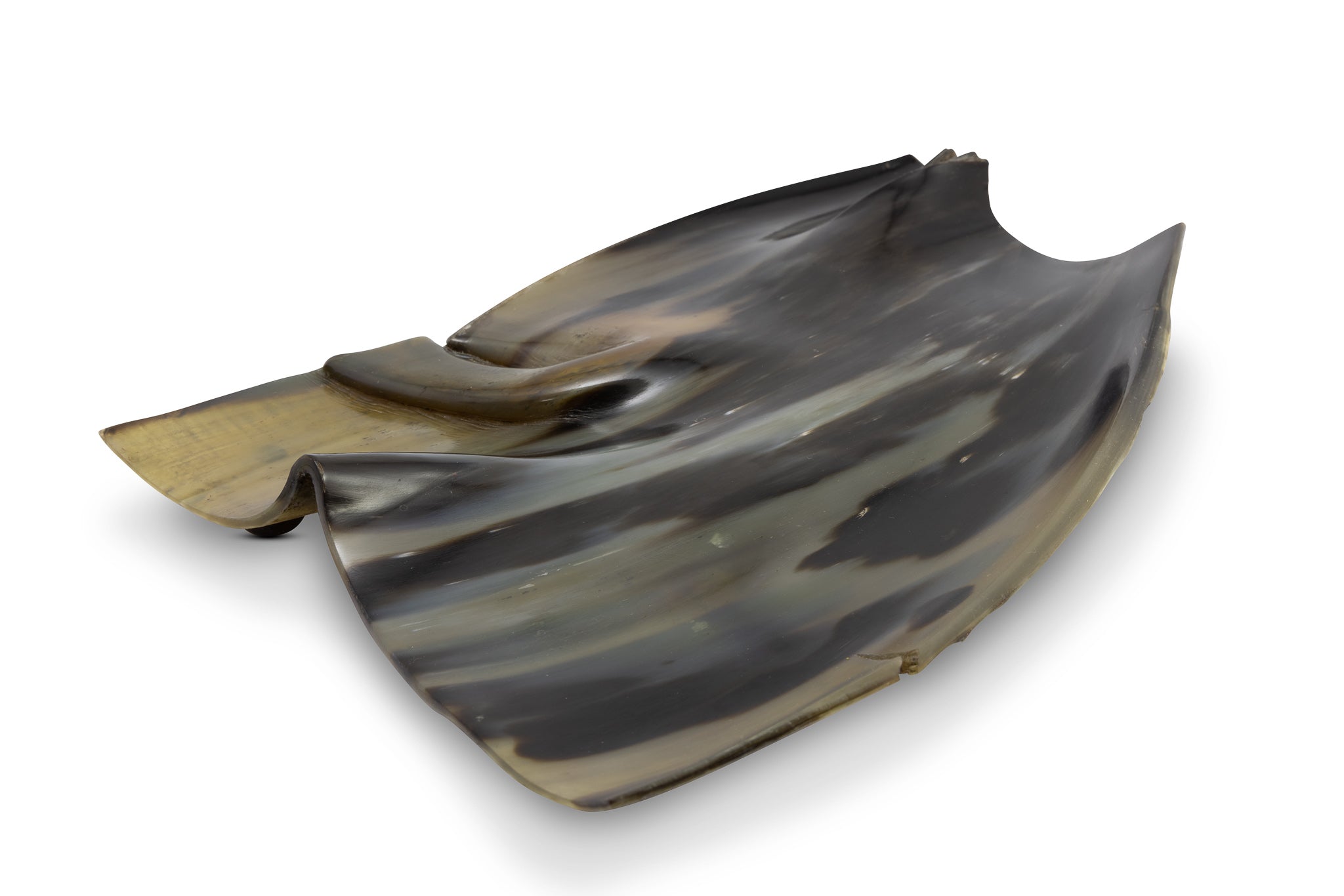 Flache schale aus fliessend gewelltem Horn, schöne schwarz-braune Maserung, Ansicht von oben