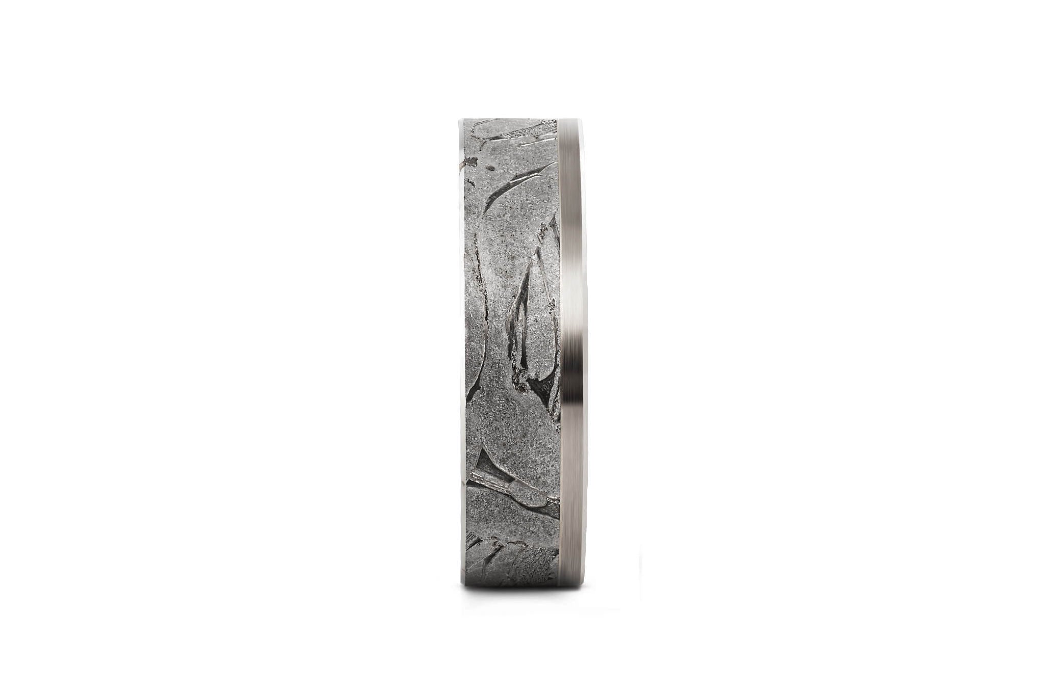 Breiter Ring aus Meteorit mit wunderschönem metallisch glänzenden Widmanstätten Muster. Innenseite aus Gold. Seitlich eckige Kanten. An einer Seite verläuft ein Band aus Weissgold neben dem Meteoriten-Band. Seitlich aufgenommen.